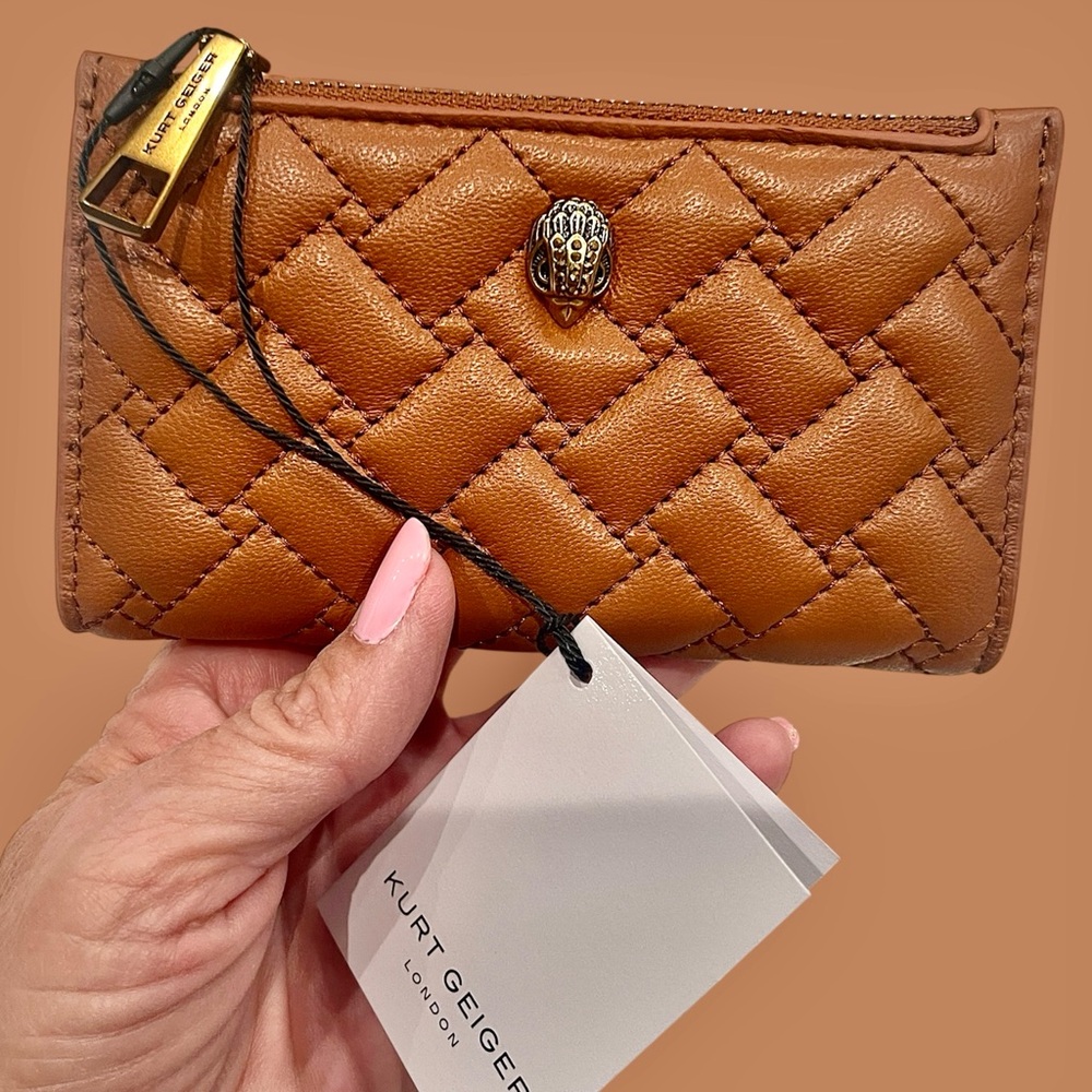Kurt Geiger Lambskin Leather Bifold Wallet “Kensington”Tan W/RFID NWT & Gift Box